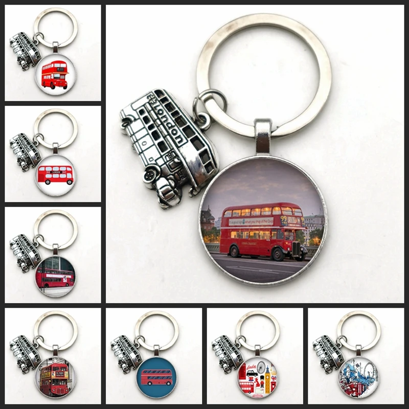 The New 2020 Vintage London Bus Keychain Bronze Bus Pattern Glass Convex Round Keychain London souvenirs DIY Jewelry Gift