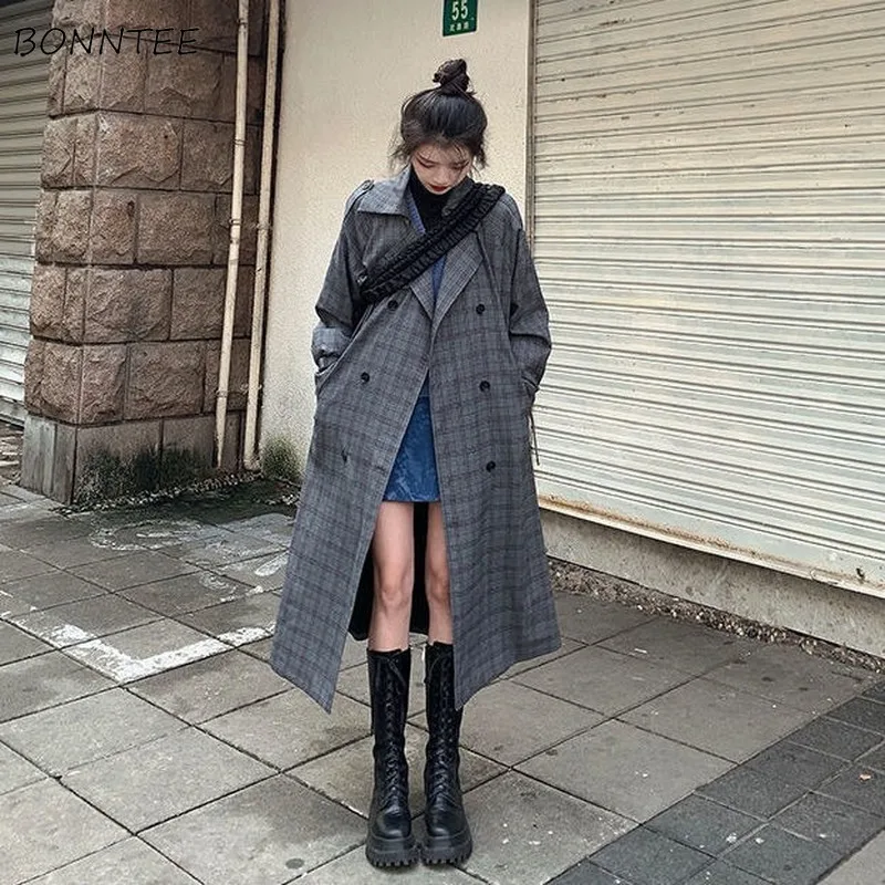 

Trench Women Long Sleeve Loose Retro Plaid Temperament Elegant All-match Streetwear Casual Autumn Korean Style Female Overcoat