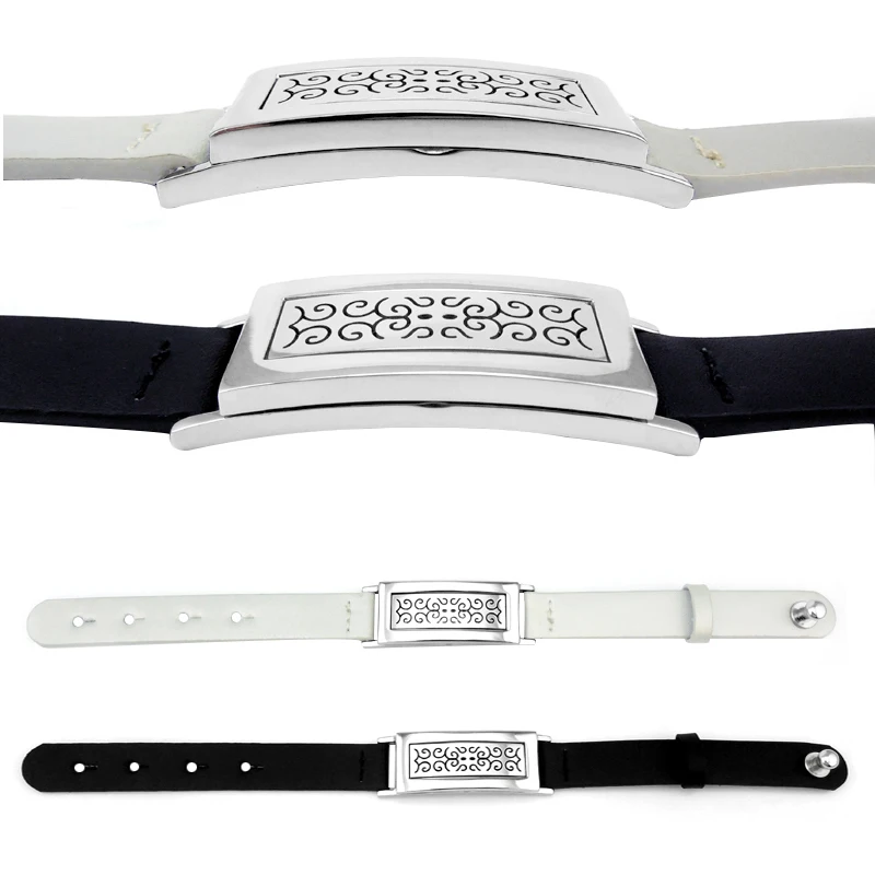 Rectangle Black Genuine Leather Bracelet Stainless Steel Essential Oils Diffuser Locket Aroma Bangle
