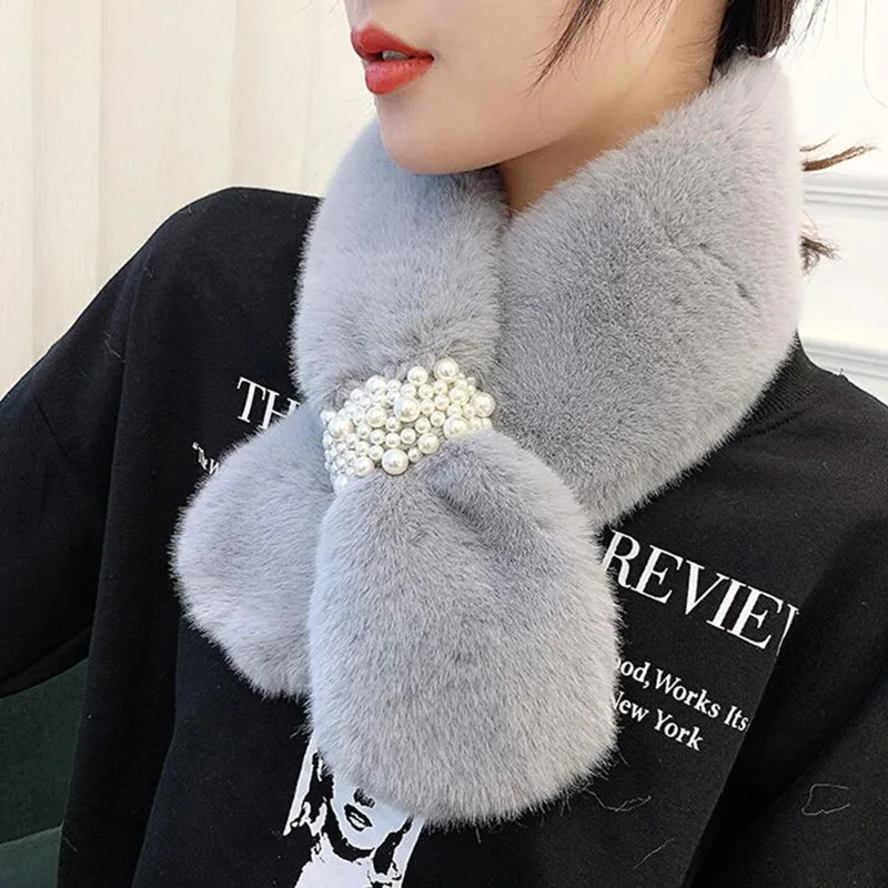 Korean Female Soft Faux Rabbit Fur Cross Pearl Scarves Winter Plush Thicken Windproof Warm Neck Guard False Collar Scarf O51