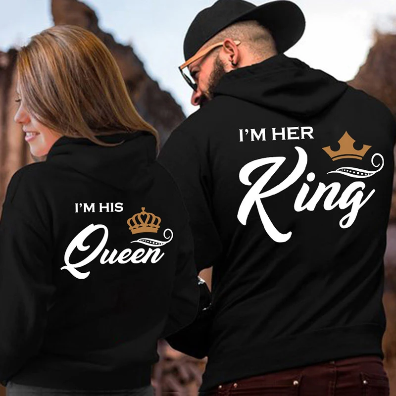 Casual King Queen Letter Women Hoody 2020 Women's Clothing Her King His Queen Couple Hooded Print Sweatshirt