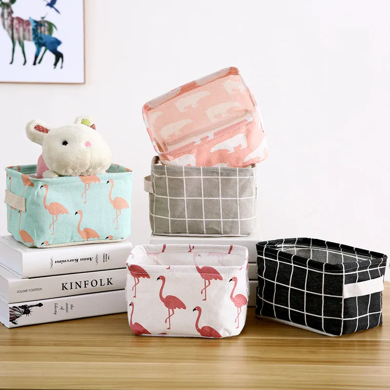 Cartoon Desktop Storage Basket Cute Flamingo Waterproof Organizer Cotton Linen Sundries Storage Box Cabinet Underwear Bag 2021