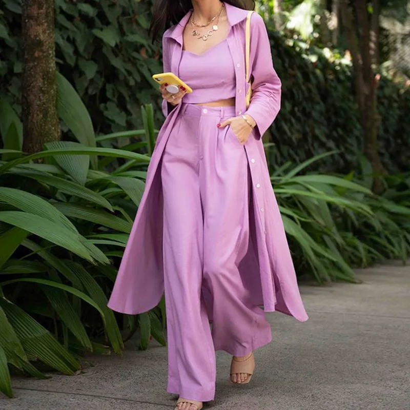 2021 Autumn New Arrival Women Set Three Piece Singble Breasted Long Trench + High Waist Pant+sleeveless Vest Suit Casual Outfits