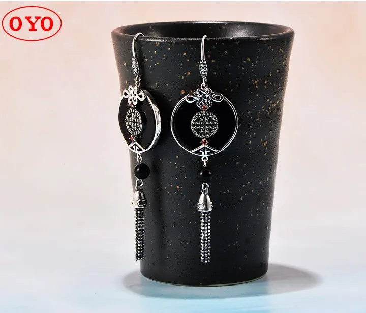 

925 sterling silver exquisite atmosphere black agate tassel concentric knot women earrings