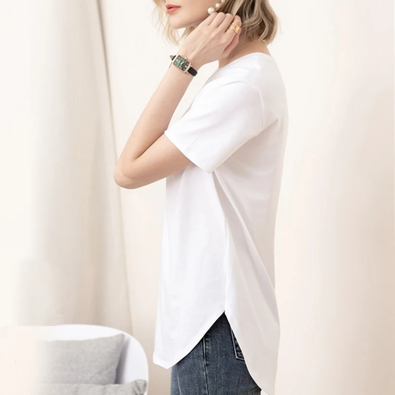 100% cotton Loose Casual Summer Short Sleeve Female T shirt Women Asymmetric O-neck Tee Tops M30326