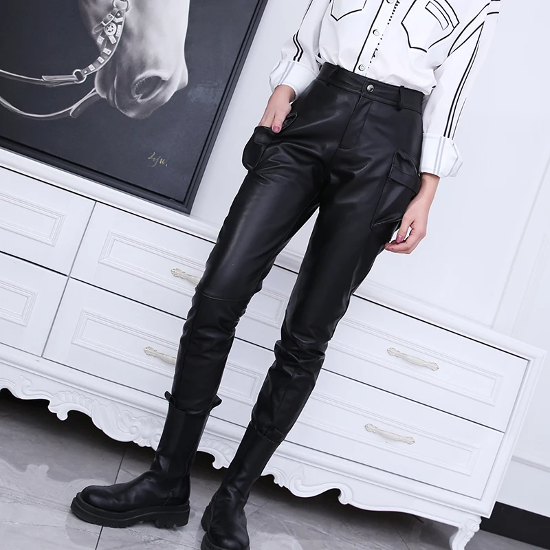 

2024 Factory New Arrival Women Fashion Genuine Long Leather Pants, Pencil Pants