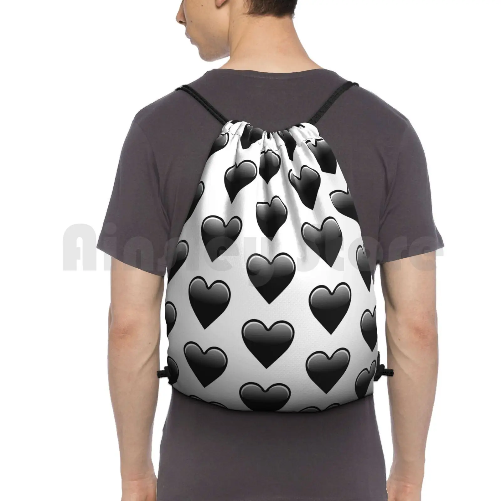 Black Heart Love Backpack Drawstring Bag Riding Climbing Gym Bag Cute Smile Funny Face Happy Fun Sweet Kiss Color Emotion