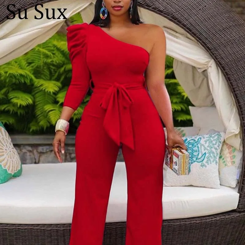 One Shoulder Wide Leg Jumpsuit Women Bodycon Rompers Solid Sexy High Waist Jumpsuit Vestidos Partyclub Overalls  2021 Summer