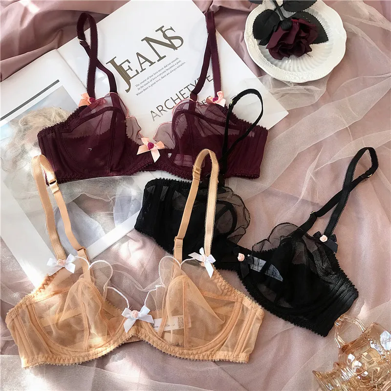 Sexy flower petals ultra-thin mesh lace lingerie set underwire gathered underwear transparent bralette comfortable women bra set