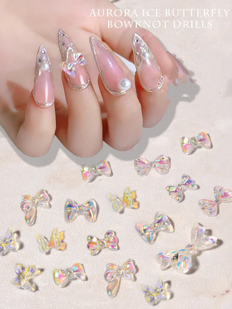 20pcs Aurora Butterfly Bowknot Flower Bear 3D Nail Art Decorations Nail Polish UV Gel DIY Ornaments Manicure Design Accessories