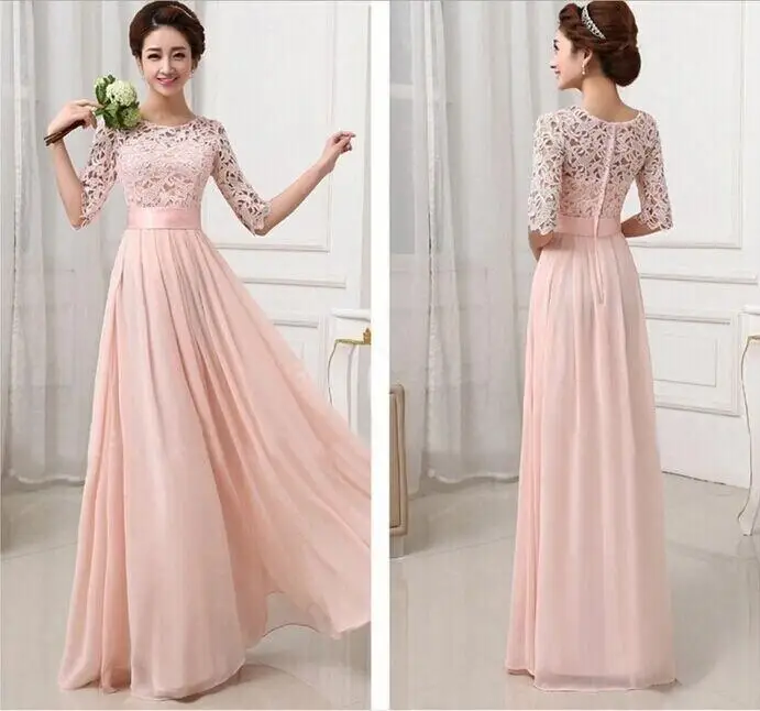 Half Sleeves A Line Floor Length Lace Bridesmaid Dresses Pearl Pink Chiffon Prom Dresses vestido de festa longo abendkleider