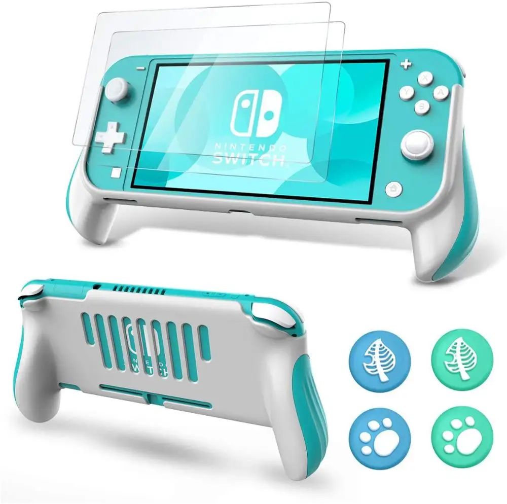 For Nintendo Switch Lite Grip Case, Switch Lite Hand Grips Handles Ergonomic Protective Case & Screen Protector Thumb Grip Caps