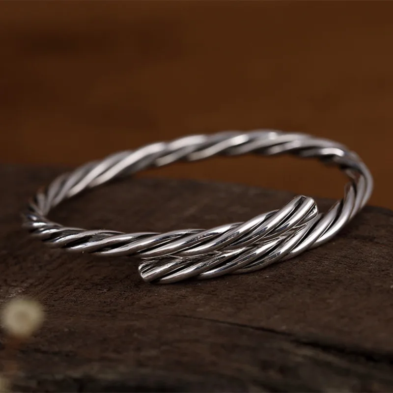 Uglyless Solid 999 Silver Twists Bangles for Women Adjustable Open Bangles Unisex Glossy Silver Bijoux Twisted Handmade Jewelry