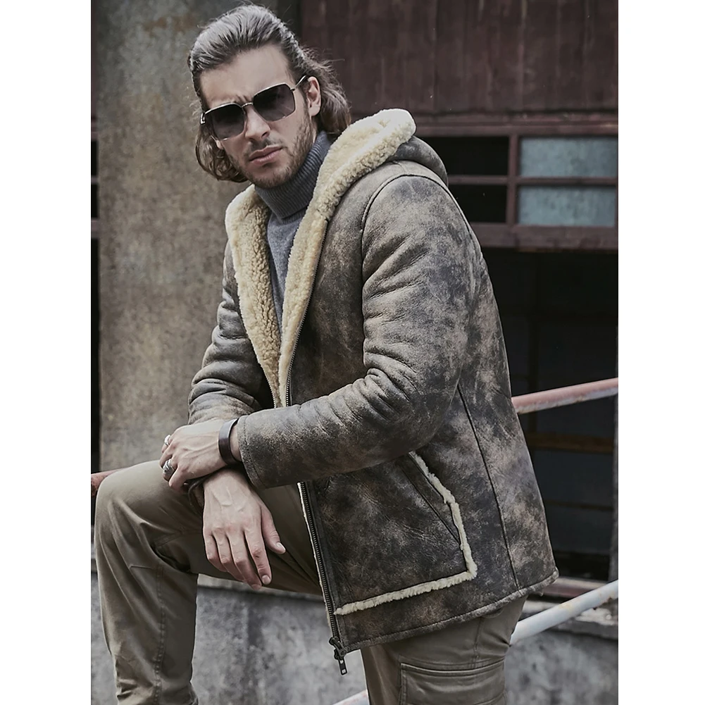 Denny&Dora New Mens Shearling Jacket Sheepskin Coat Short Leather Jacket Hooded Fur Coat Thicken Hunter Mens Winter Coats