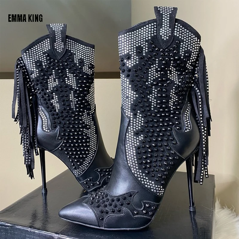 

2021 Autumn Women Ankle Boots Lady Patchwork Bilngbling Tassel High Heels Black Crystal Decoration Mid-calf Shoes Women 44 Size