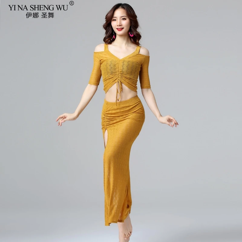 Women Belly Dance Practice Costume Sexy High Split Top+ Skirt Silver Silk Mesh Long Dress Beginner Oriental Dance Training Wear