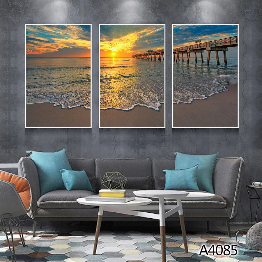 

Modern Oil Painting Print on Canvas 3pcs Modular Sea Ocean Seascape Deer Canvas Printing Wall Art Picture Painting Home Decor