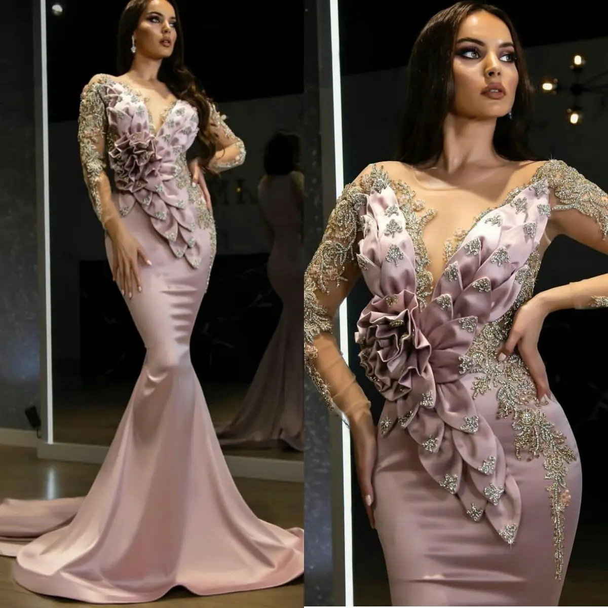 Shiny Beading Mermaid Evening Dresses Sheer V Neck Long Sleeve Hand Made Flowers Prom Dress Girls Pageant Red Carpet Fashion