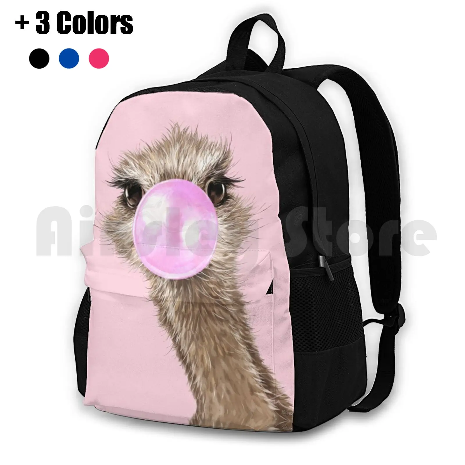 Sneaky Ostrich With Bubble Gum In Pink Outdoor Hiking Backpack Waterproof Camping Travel Animal Animals Bird Cute Adorable