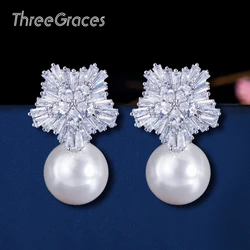 ThreeGraces Famous Designer Jewelry Sparkling Snow Flower Cubic Zirconia Crystal Setting Big Pearl Stud Earrings for Women E0006