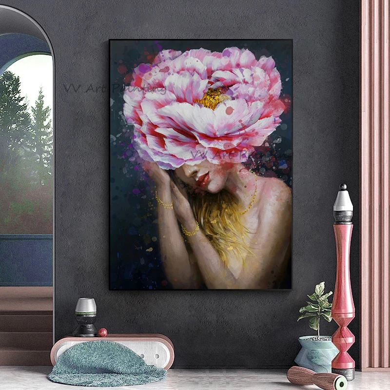 Modern Floral Woman Portrait Oil Painting Handmade Canvas Splatter Pink Peony Contemporary Bedroom Wall Art
