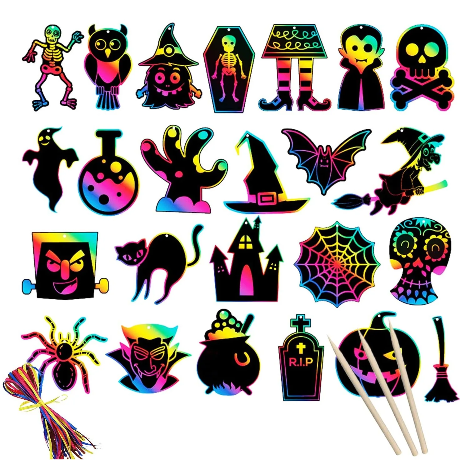 

50sets Halloween Scratch Paper Art Kit with Scratch Stick Craft Art Pack Magic Scratch Off Arts Birthday Gifts Halloween Party G