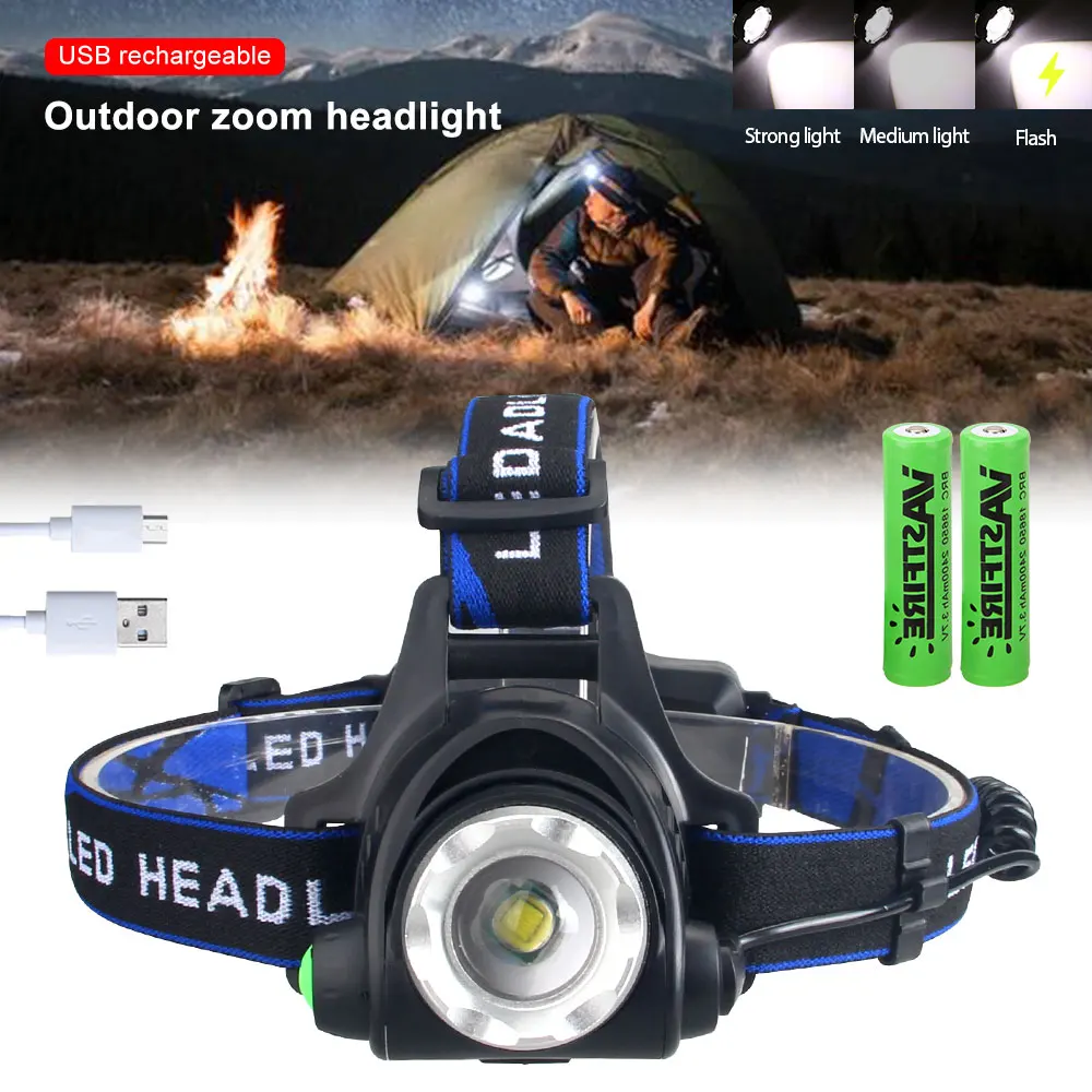 3 Modes 200-500 Meters LED Zoomable Strong USB Charging Headlamp Adjustable Head-mounted LED Fishing Headlight 18650 Battery