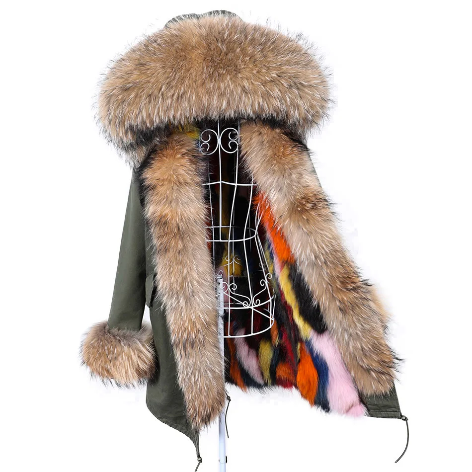 Maomaokong Women\'s winter fur coat Jacket with natural fur Color patchwork Removable real fox fur lined Big fur collar parkas