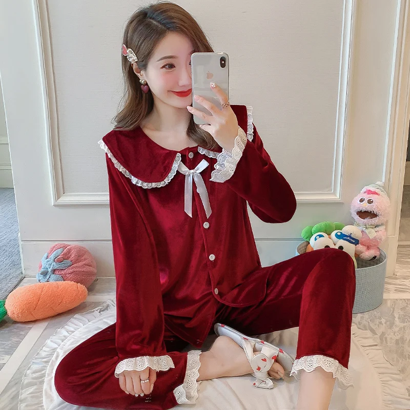 

Sweet 2PCS Velour Women Pajamas Suit Soft Sleepwear Velvet Sleep Set Shirt&pants Autumn New Home Clothes Cute Nightwear