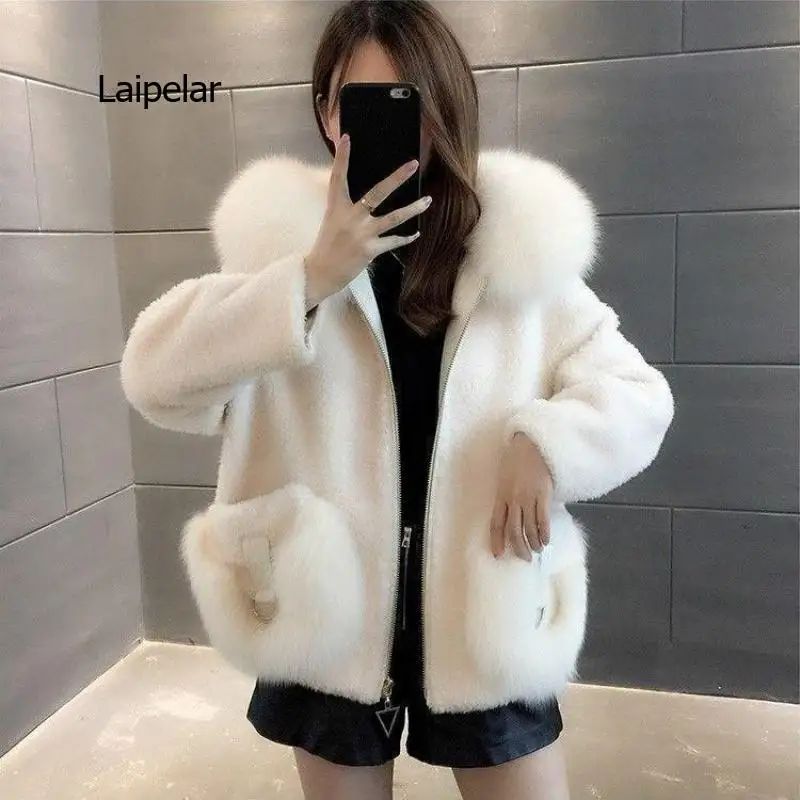 Women Short Hooded Wool Coat Korean Autumn Winter Fake Fox Fur Collar Woolen Overcoat