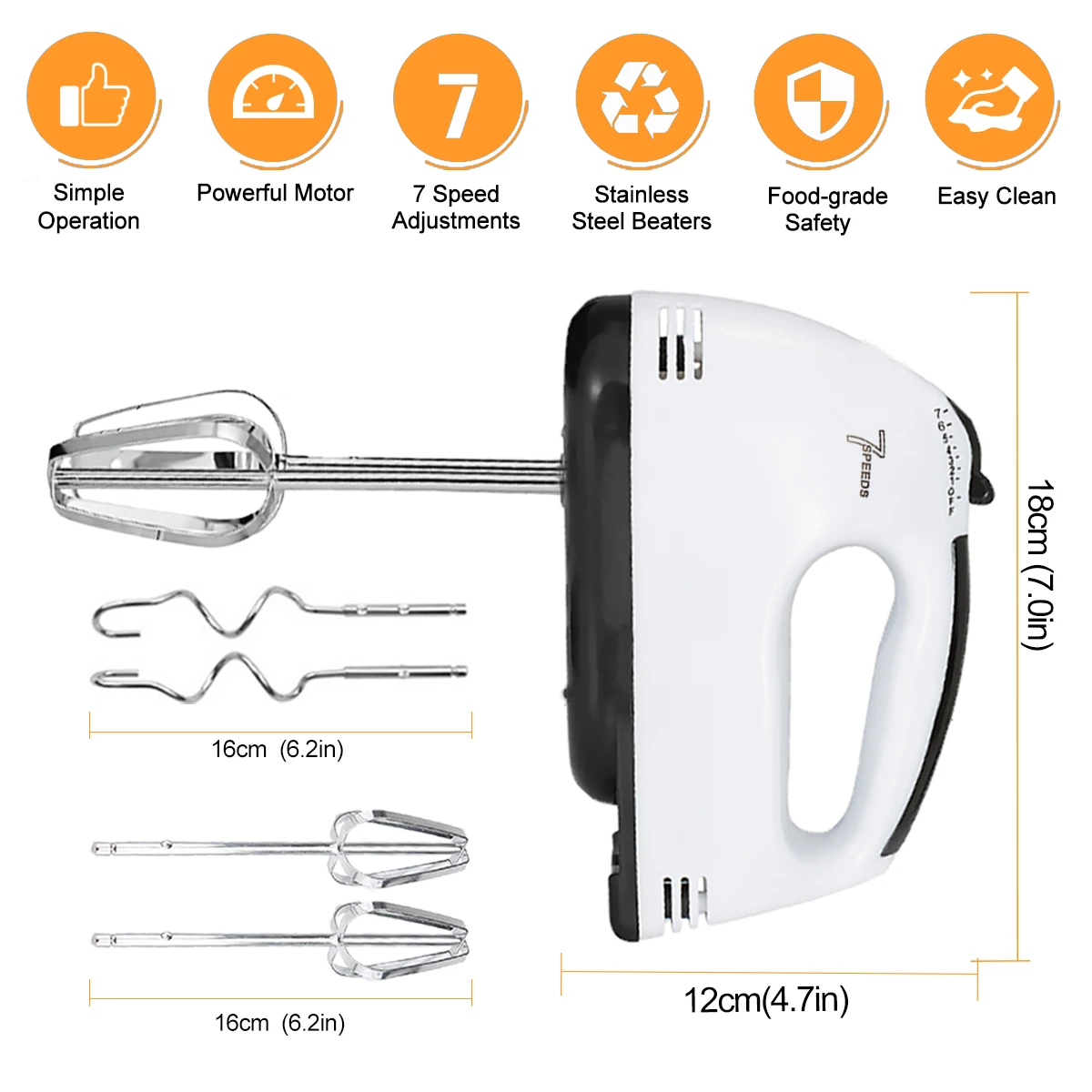 7-Speed Electric Hand Mixer-Portable Kitchen Mixer with 5 Stainless Steel Attachments for Whipping, Mixing Cookies, Cakes, Eggs