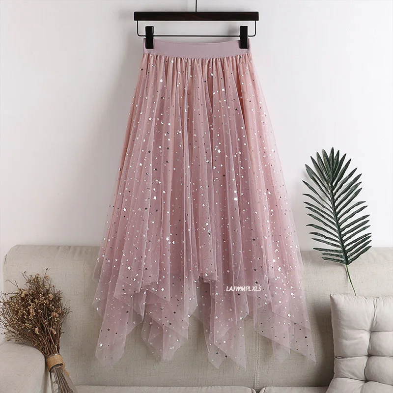 High Quality Plus Size Elastic High Waist Long Tulle Skirt 2021 Summer Women Fashion Star Sequined Irregular Hem Mesh Tutu Skirt