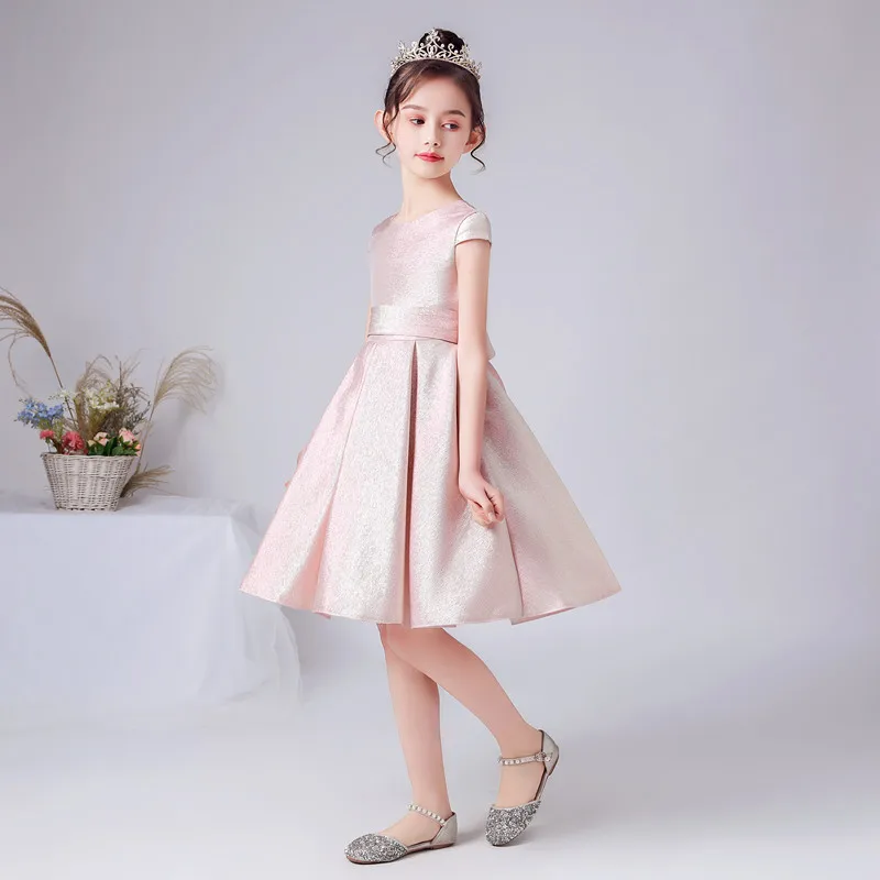 Pink Shining Satin Flower Girl Dresses Short Wedding Birthday Party Gown Cap Sleeve Girls Princess Formal Pageant Gowns Bowtie