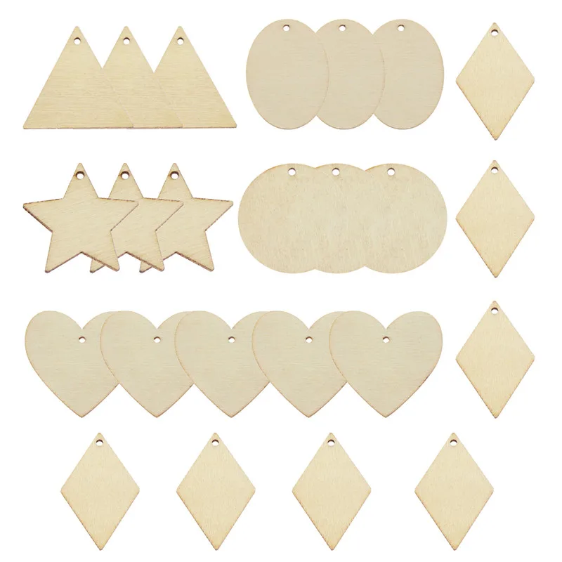 Julie Wang 50PCS Wood Charms Blank Unfinished Round Heart Star Oval Triangle Wooden Slice Pendant Jewelry Making Accessory Decor