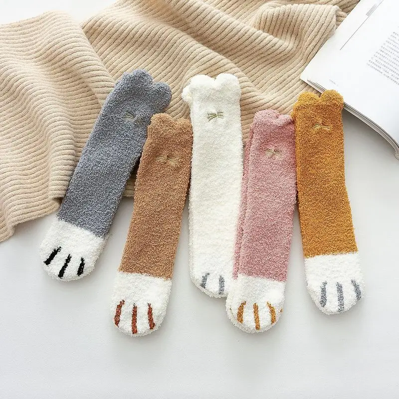Winter Thicken Warm Women Socks Ears Cat Paw Cartoon Lovely Sleeping Home Floor Bedroom Socks Harajuku Kawaii Girl Sox