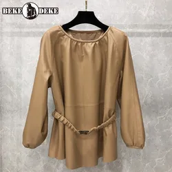 Nueva moda, jersey de piel de oveja para mujer, Tops holgados con cinturón elástico, chaqueta de cuero genuino, Top elegante de cuero con mangas abullonadas para mujer