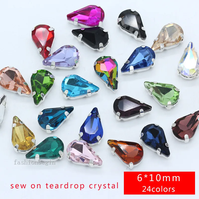 5-13MM 24-Cores Botão Garra Teardrop sew em Gotas de Água de Cristal Strass Prata Para A Jóia/Sacos de Sapato Diy Guarnição Do Vestido de Casamento