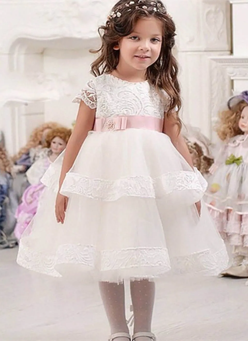 

Applique Girls Pageant Birthday Christmas Kids Formal Wear Wedding Party Events Custom Tea-Length Tulle Flower Girls Dresses