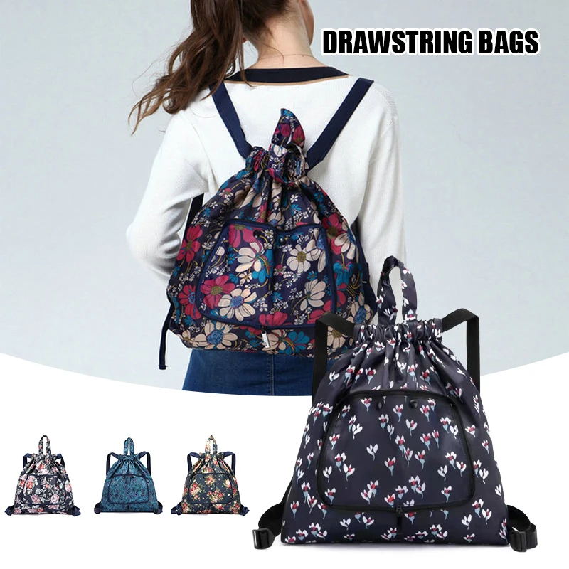 Multifunctional Foldable Portable Shopping Bag Women's Printed Drawstring Backpack for Camping Outdoor Large Capacity Flower New