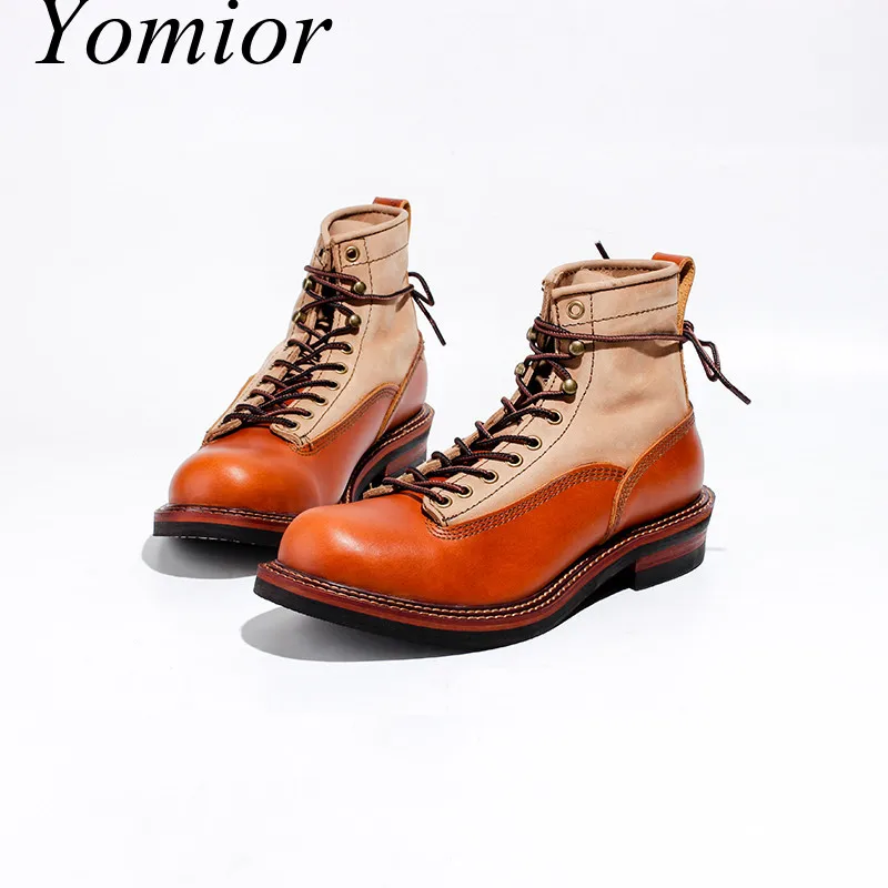 Men Spring Winter Casual Shoes Round Toe Genuine Leather Work Ankle Boots Goodyear-Welted Vintage Military Motorcycle Boots New