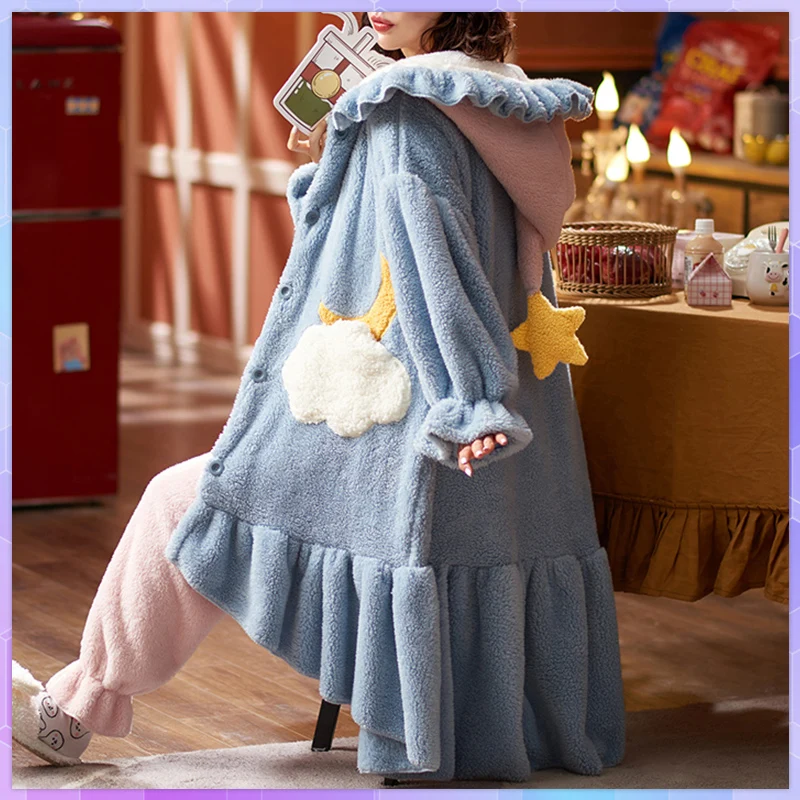 Cartoon Thicken Kimono Bathrobe Women\'s Dressing Gown Pajamas Hooded Robes Coral Fleece Sleepwear Winter Coats For Home Clothes