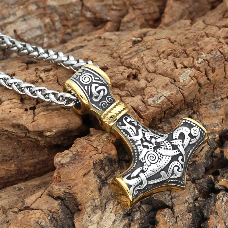 Punk Edelstahl Nordische Wikinger Amulett Anhänger Kette Odins Goldfarbener Thors Hammer Halsketten Herren Ethno-Schmuck Geschenke – Detail 13
