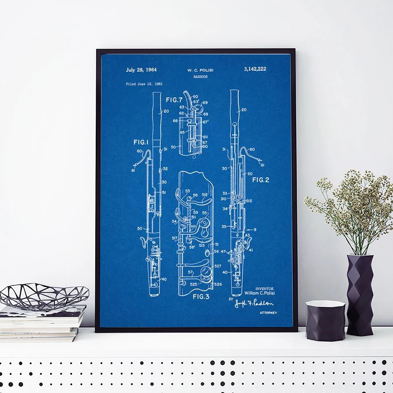 Bassoon Woodwind Prints Vintage Poster Musician Gift Bassoon Blueprint Art Canvas Painting Band Print Music Room Wall Art Decor