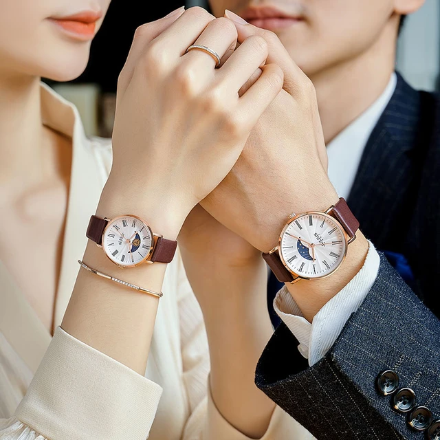 Reloj de sol y luna Julius para hombre y mujer reloj de pareja de enamorados reloj de moda de cuero Real caja de regalo de cumpleanos Simple para