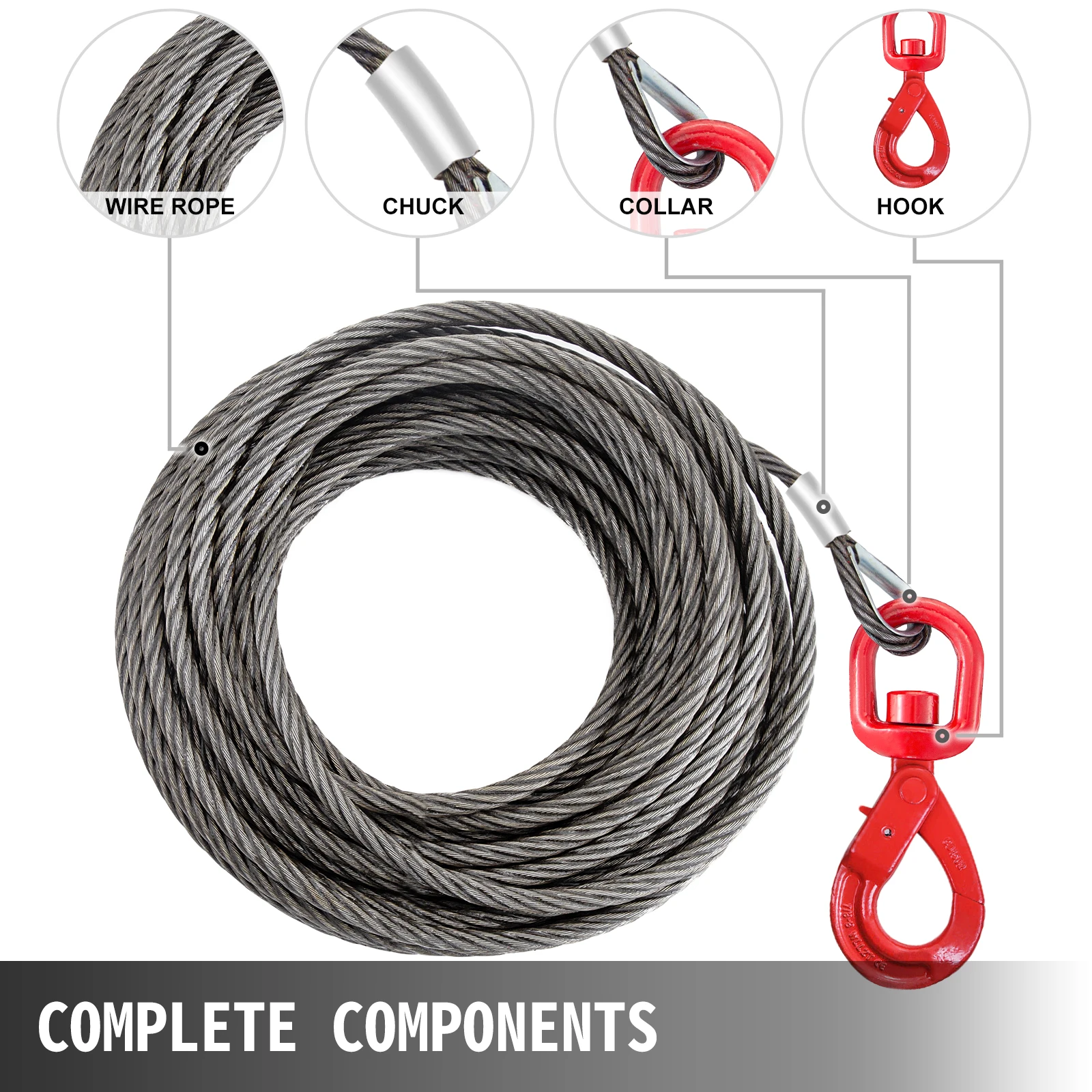 VEVOR-Cable de repuesto para cabrestante de 50, 75, 100 pulgadas, cuerda de alambre, núcleo de fibra de 4400LBS, gancho giratorio autoblocante, remolque de camión, cama plana