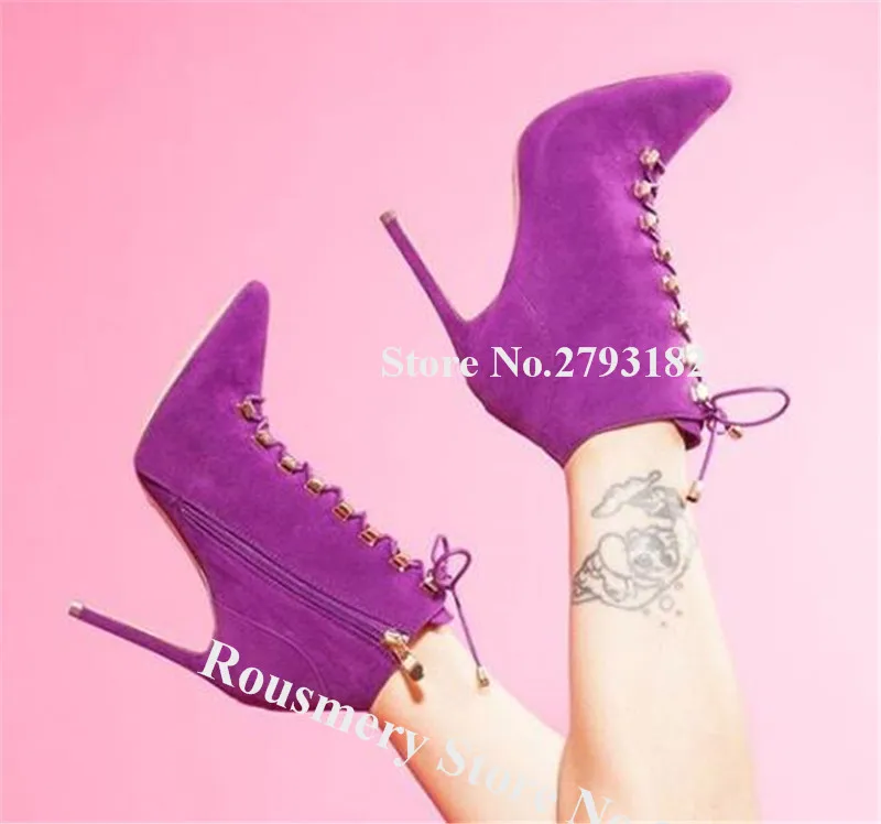 

Women Modern Pointed Toe Stiletto Heel Short Boots Purple Suede Leather Lace-up High Heel Ankle Booties Dress Heels