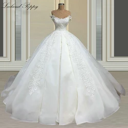 Lceland Poppy Scoop Neck Beaded Ball Gown Tulle Wedding Dresses Off the Shoulder Lace Appliques Vestido de Novia Bridal Gowns