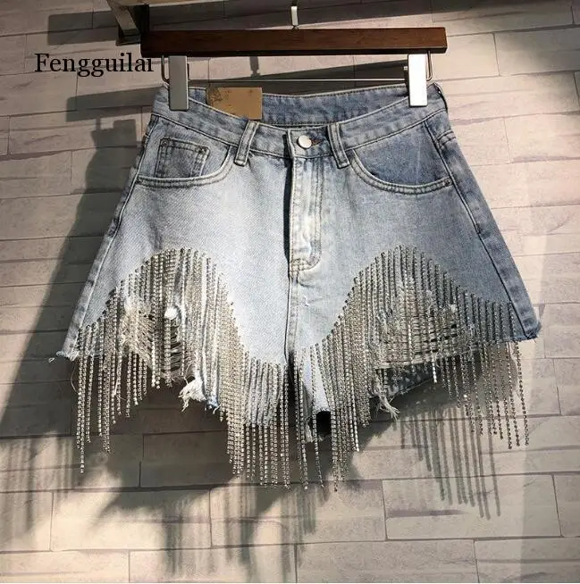 Summer European Style High Quality Diamond Tassels Denim Shorts Woman Fashion High Waist Jeans Shorts