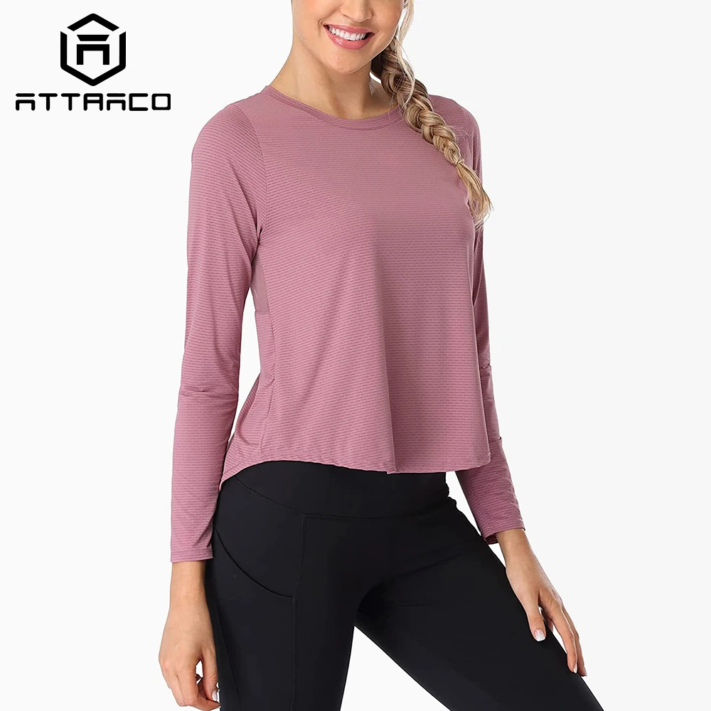 Attraco Long Sleeve Workout Shirts for Women Tie Back Breathable Mesh Yoga Tops