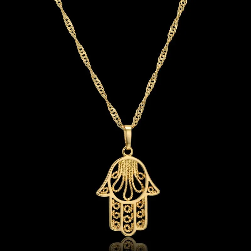 Hand Of Fatima Necklace & Pendant Iced Out Water Wave Chain Gold Color AAA Cubic Zircon Men\'s Women Hip Hop Rock Jewelry